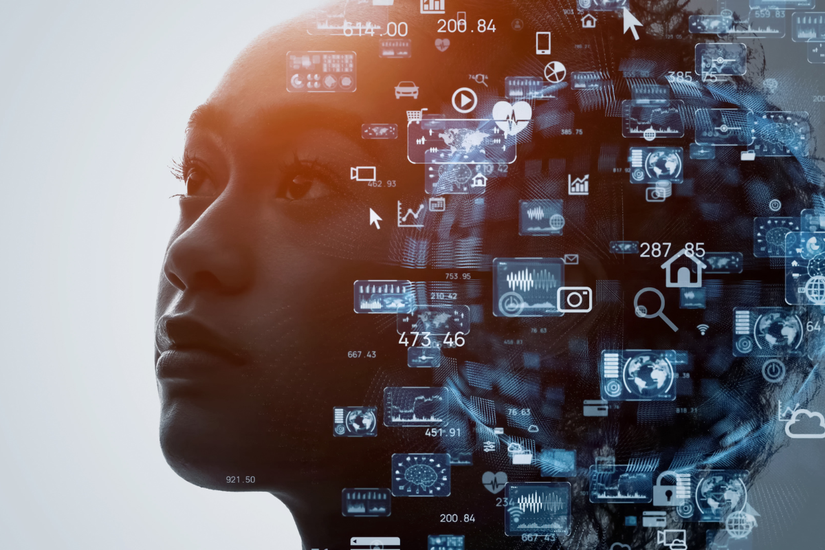 image of female face behind AI and equity