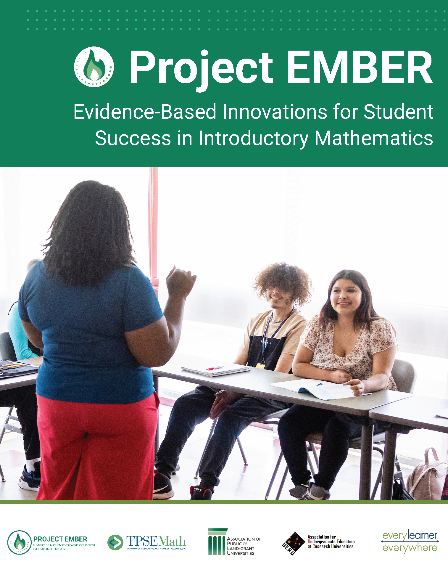 COVER Evidence-Based Innovations for Student Success in Introductory Mathematics with title, photo of faculty standing in front of students learning in class.