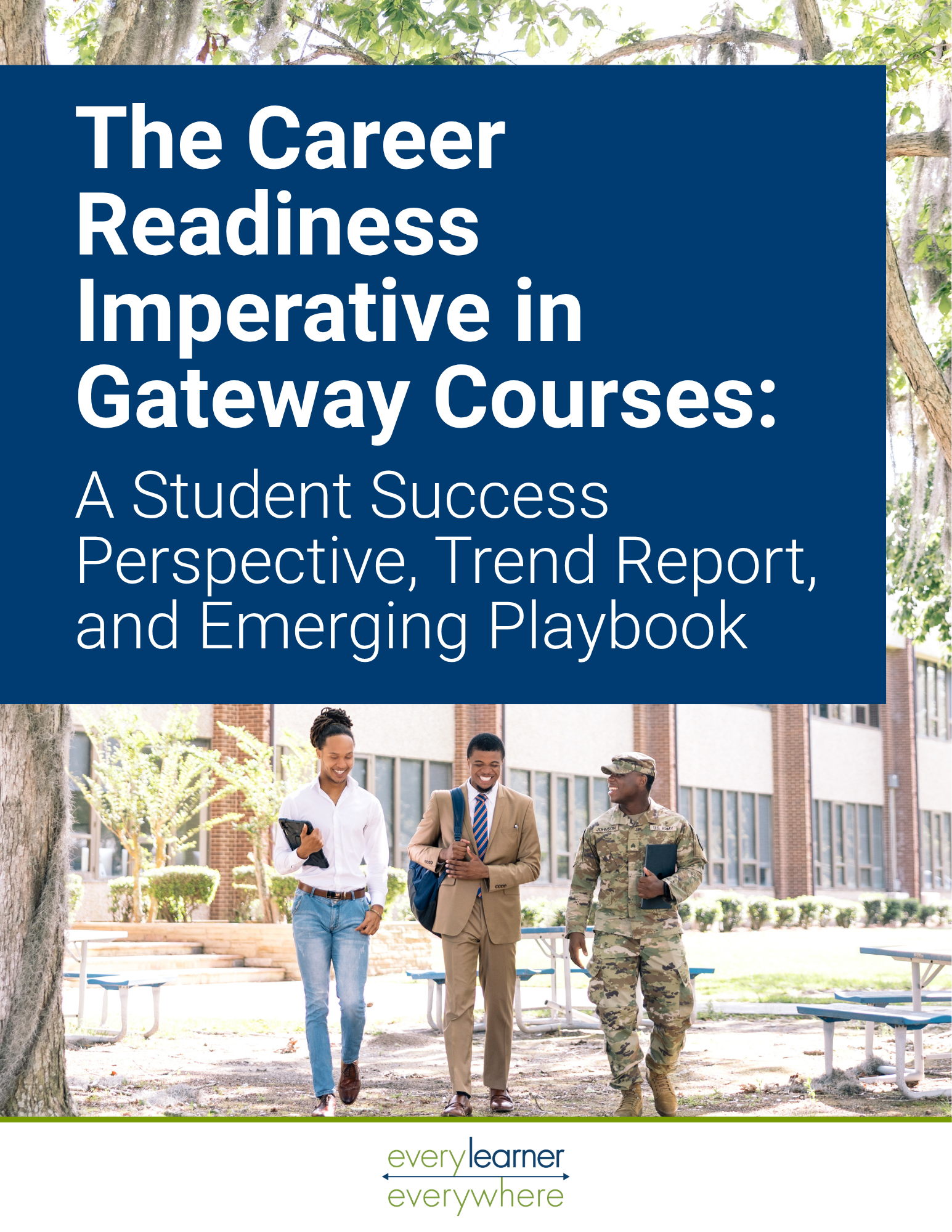 Three college students walk on a campus path in front of a brick building, one in casual attire with a tablet, another in a suit with a backpack, and the third in military uniform carrying a folder. Image depicts the career readiness imperative.