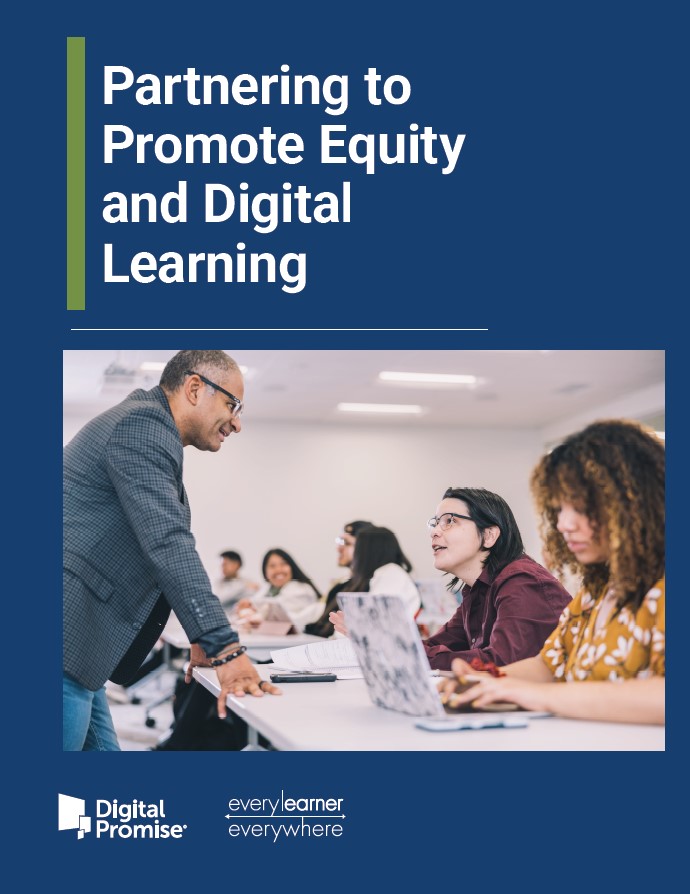 Cover page of Partnering to promote equity and digital learning report. Title and photo of professor teaching students.