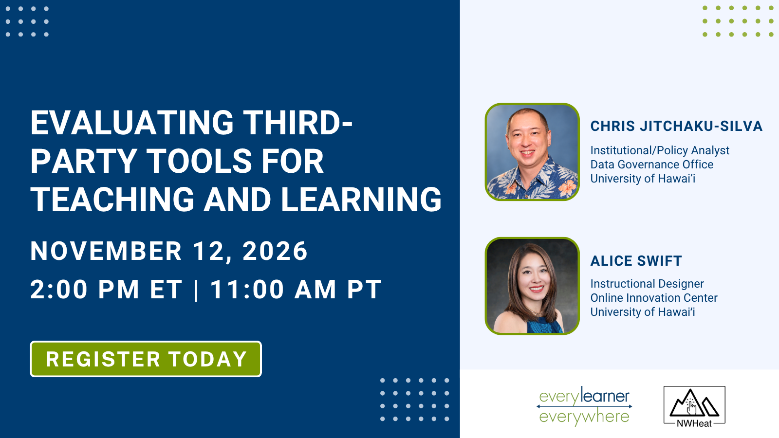 Webinar graphic titled “Evaluating Third-Party Tools for Teaching and Learning” with date Nov 12, 2026, time 2:00 PM ET, and a “Register Today” button, plus two speakers’ headshots and names on a light background.