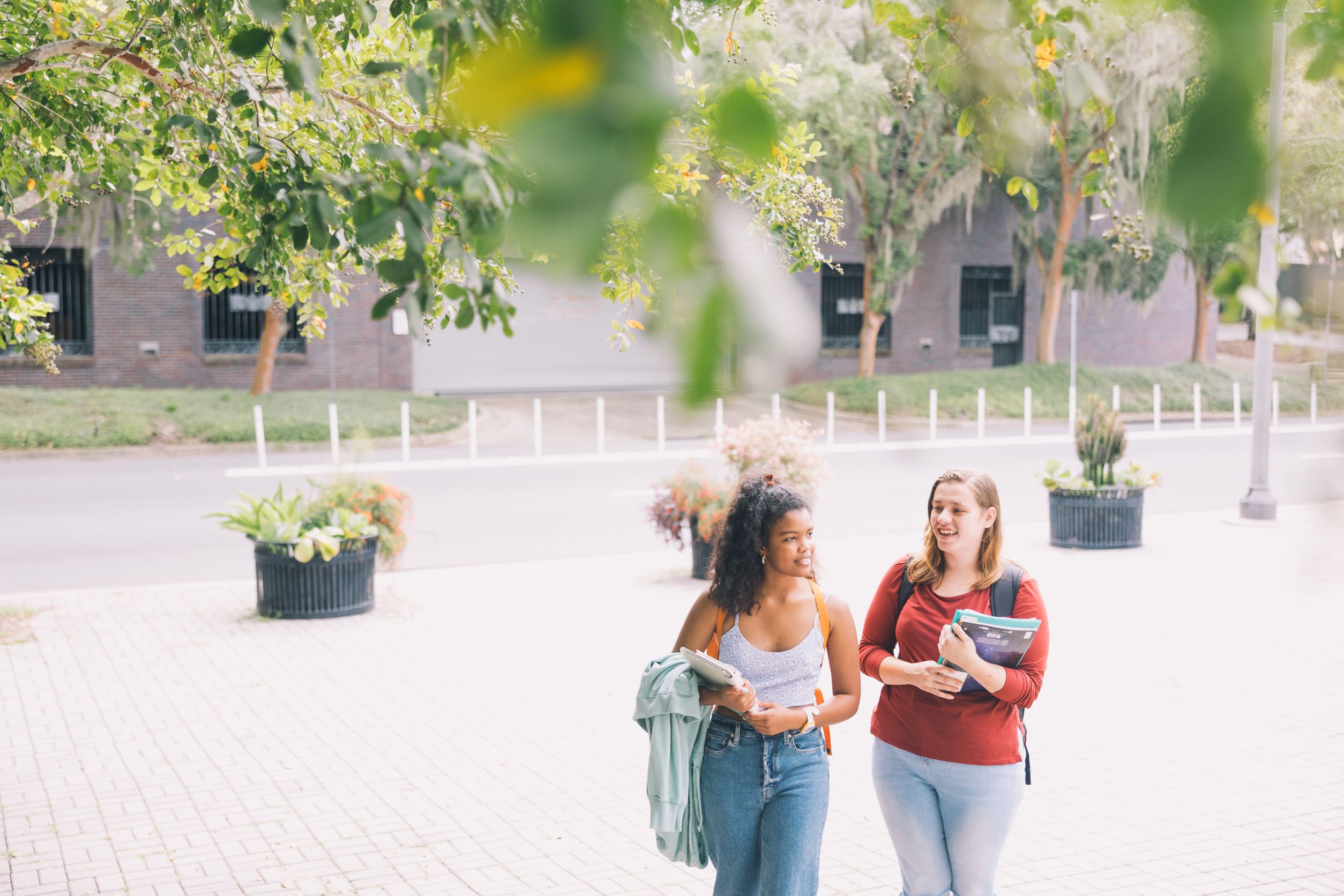 students walking through campus