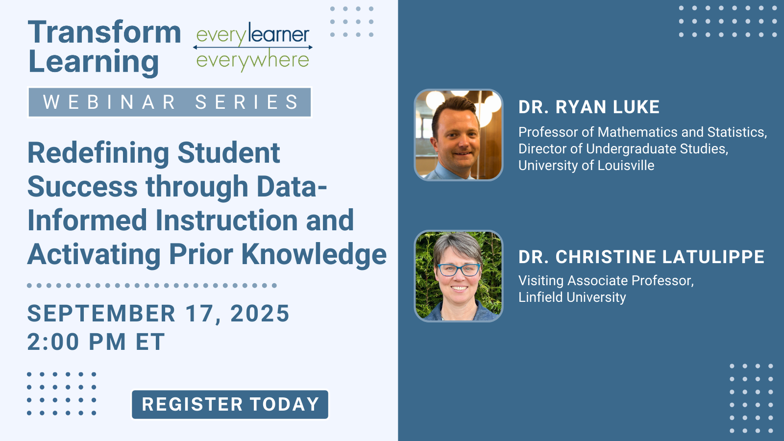 Webinar Graphic with title, Redefining Student Success through Data-Informed Instruction and Activating Prior Knowledge, logos, date and time.