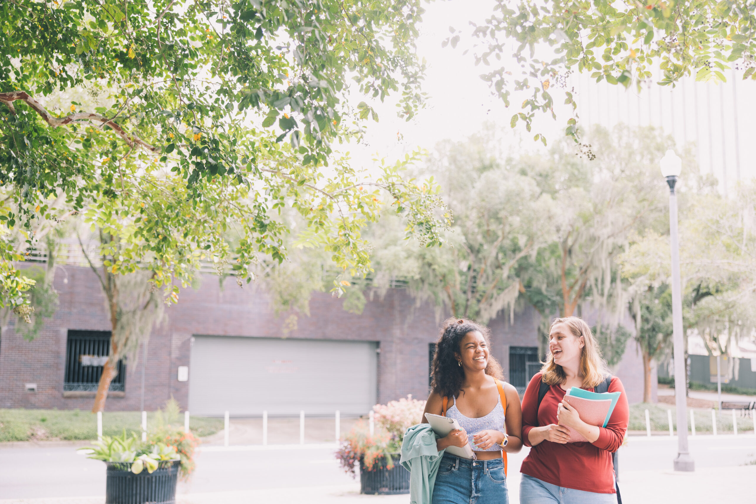 learning from students walking on campus talking and laughing together