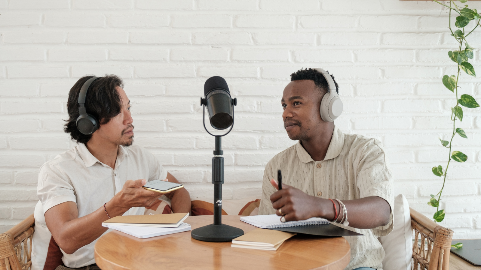 two male podcasters recording teaching and learning podcast